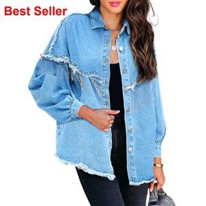 Oversized Fringe Denim Jacket with Sparkly Tassels Western Style